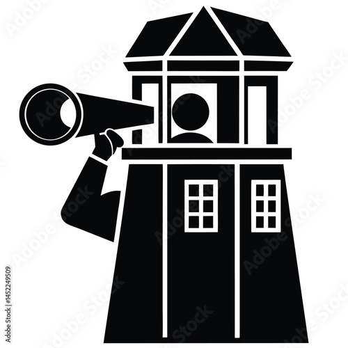Black & White Vector Illustration of a Lookout Tower with Person Using Telescope