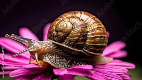 Snail with Spiral Shell Crawls on Vibrant Pink Flower, Showcasing Natures Beauty and Intricate Details in Stunning Display