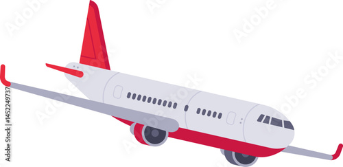 Red and white passenger airplane flying in the sky, commercial airline travel and vacation concept, vector illustration isolated on white background