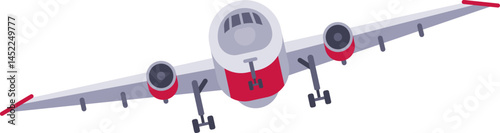 Capturing the bottom view of a passenger airplane in flight, showcasing the landing gear extended and set against a clean white background, emphasizing the details of aviation design