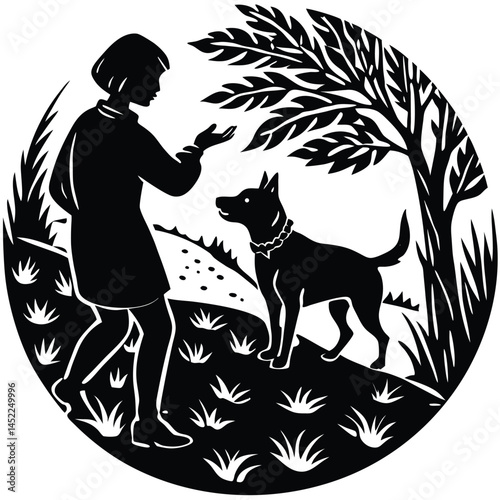 Silhouette Art: Girl Training Dog Outdoors Under Tree, Black and White Illustration