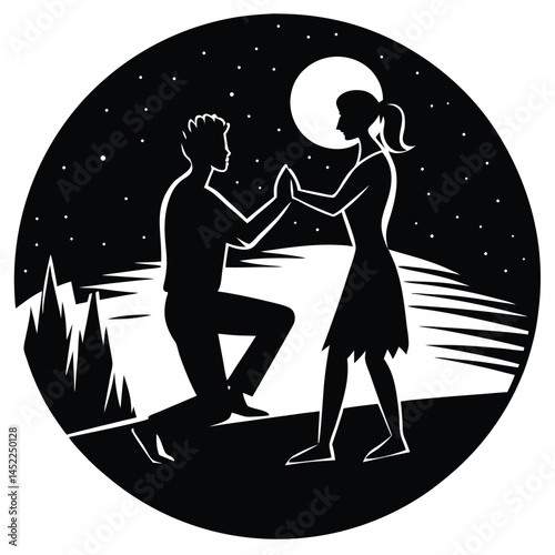 Romantic Proposal Silhouette Under Moonlight - Love, Engagement, Vector Art
