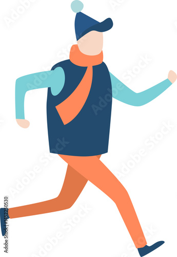 Illustration of a man running outside in winter wearing warm clothes, including a bobble hat, scarf, vest, long sleeved shirt, and trousers