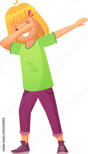 Cartoon illustration of a young girl performing a dab dance move, covering her face with her arm and extending the other arm horizontally, expressing joy and enthusiasm