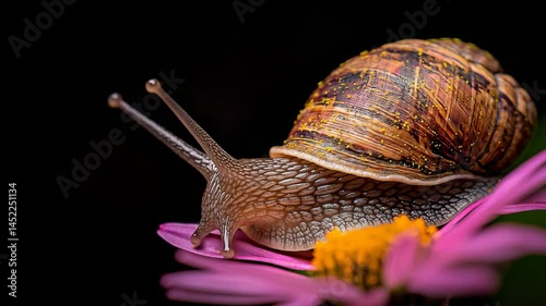 Close up of snail with detailed shell crawling vibrant pink flower against dark background, showcasing natures beauty with textured shell and vibrant
