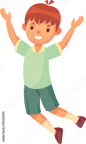 Joyful child leaping with outstretched arms, expressing happiness and excitement, celebrating achievement, positive emotions, carefree childhood, dynamic movement, vibrant illustration