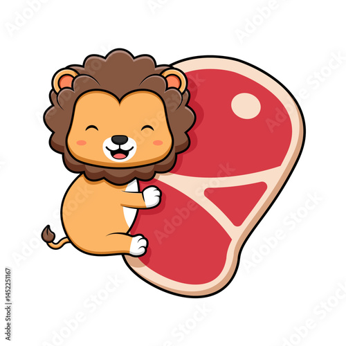 Cute Lion Hug Meat Mascot Animal Character Icon Illustration. Flat Cartoon Style Suitable for Web Landing Page, Banner, Sticker, Card