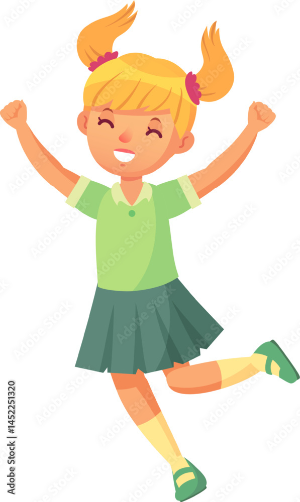 Cheerful elementary school student jumping with arms raised celebrating success. Expressing joy and excitement. Isolated on white background. Promoting education. Childhood happiness. And achievement Cheerful elementary school student jumping with arms raised celebrating success. Expressing joy and excitement. Isolated on white background. Promoting education. Childhood happiness. And achievement