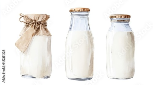 Glass jars of milk with wooden lids and rustic twine decoration