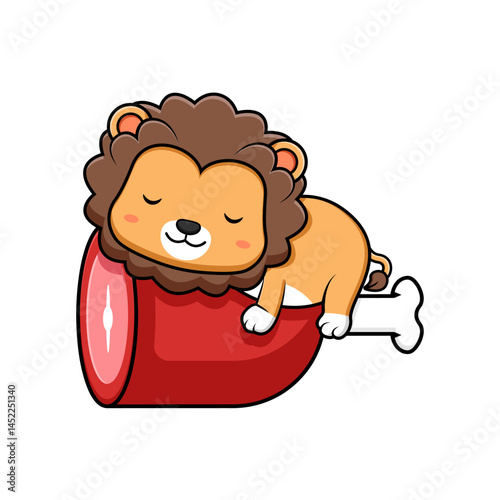 Cute Lion Sleep on Meat Mascot Animal Character Icon Illustration. Flat Cartoon Style Suitable for Web Landing Page, Banner, Sticker, Card