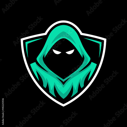 Ethereal Teal Hooded Figure with Glowing Eyes in a Spectral Shield Logo