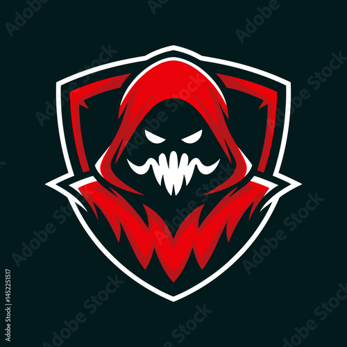 Foreboding Red Hooded Figure with Jagged Smile in Protective Shield Logo