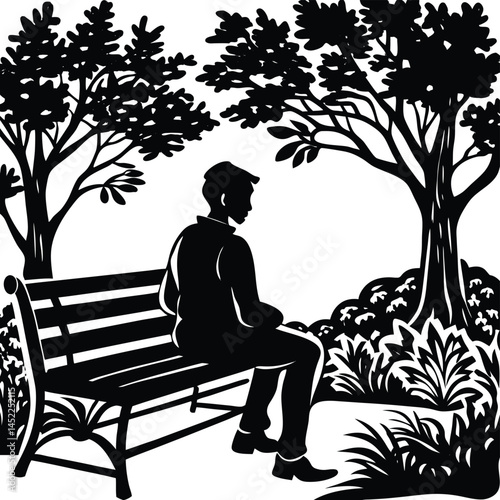Silhouette of Man Sitting on Park Bench Under Trees, Black and White Illustration