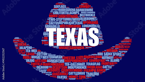 Tag cloud illustration cowboy hat-shaped about Texas