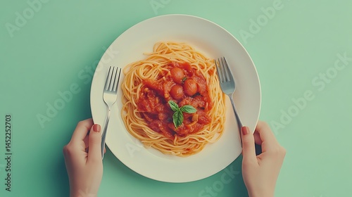 A minimal flat lay shot of a white ceramic plate of tomato-based spaghetti, hands gently gripping stainless steel cutlery, placed on a soft mint green background, subtle highlights and moody shadows. photo
