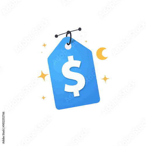 Price Tag: A minimalist illustration of a simple blue price tag featuring a bold dollar sign. it exudes the essence of value, cost, and commercial transactions.