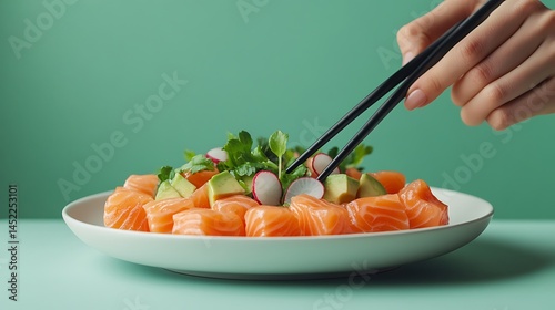 A modern artistic top-down image of deconstructed sushi with salmon cubes, avocado, and pickled radish placed carefully on a white round plate, mint green pastel background, photo