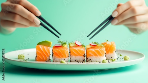 A modern artistic top-down image of deconstructed sushi with salmon cubes, avocado, and pickled radish placed carefully on a white round plate, mint green pastel background, photo