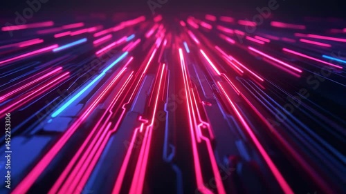 Futuristic Neon Lights in Vibrant Pink and Blue Create Dynamic, Abstract Background with Sense of Motion and Energy in High Tech Digital Landscape