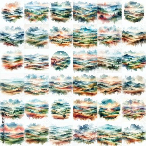 Rolling hills landscape. Double exposure watercolor . Watercolor style. AI generated illustration