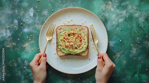 Artistic top-down composition of a single slice of avocado toast with chili flakes and lemon zest on a white plate, forest green matte background, two hands holding golden cutlery, photo