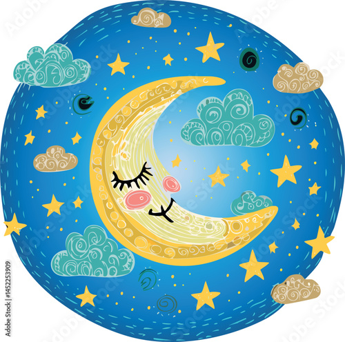 Sleepy Moon and Twinkling Stars Doodle