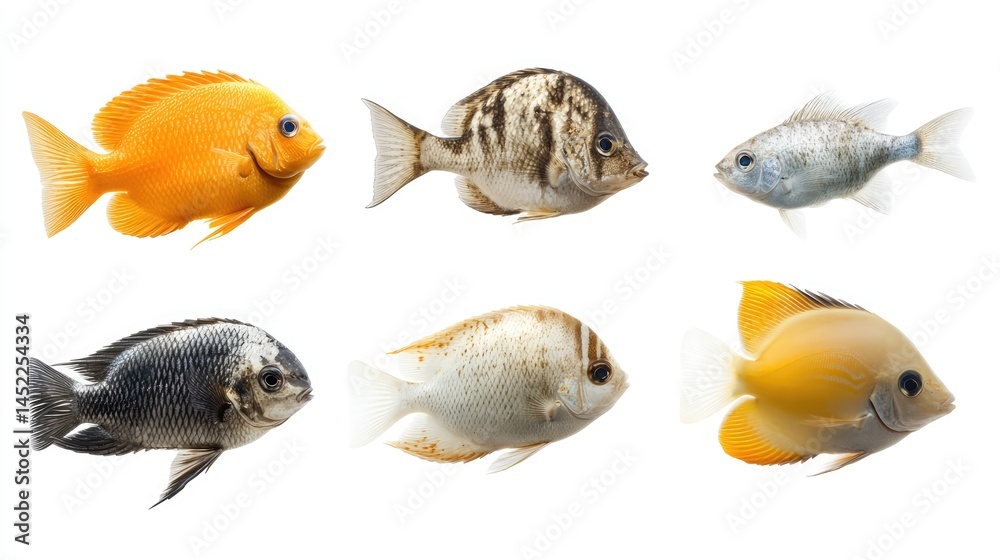 Fototapeta premium Variety of Colorful Freshwater Fish on White Background