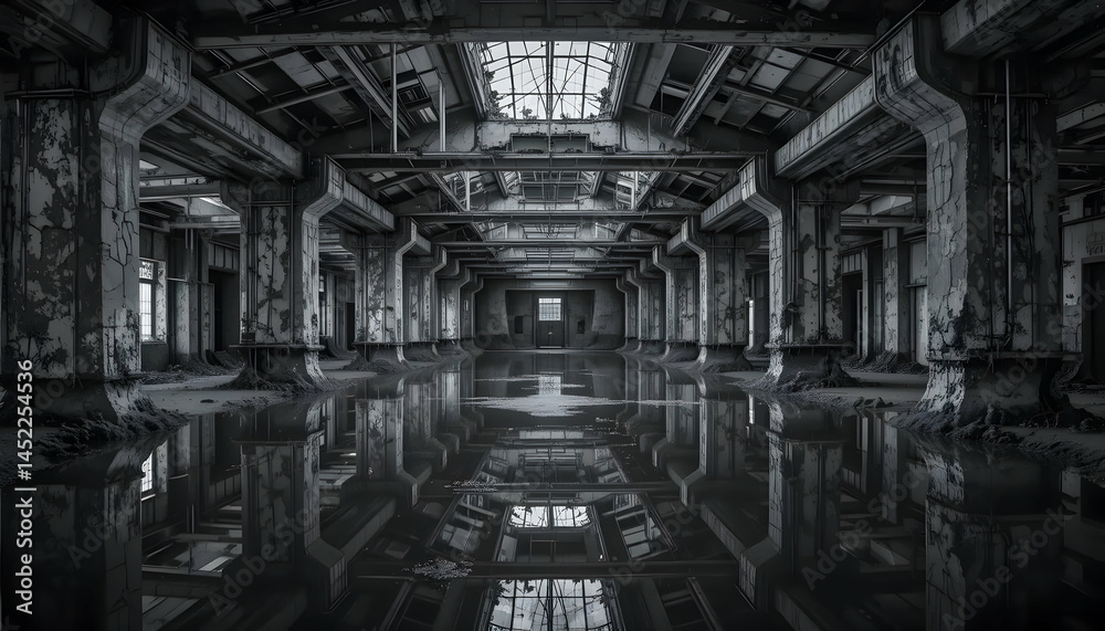 Fototapeta premium Exploring Abandoned Industrial Building Interior with Water Reflection