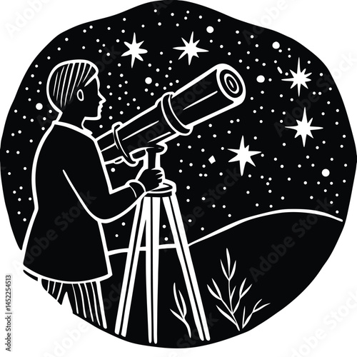 Woodcut Illustration of Astronomer Looking Through Telescope at Starry Night Sky