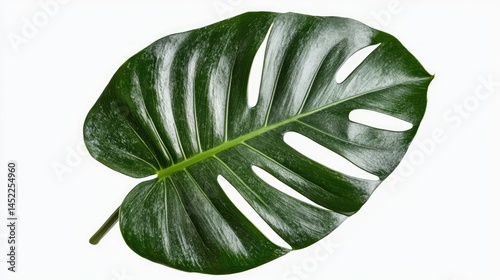 Single Green Monstera Leaf Isolated on White Background