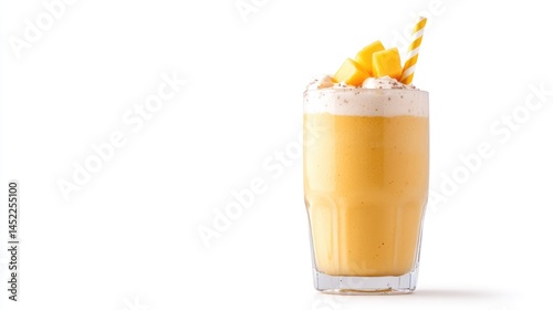 Refreshing Mango Smoothie with Whipped Cream and Straw in Glass