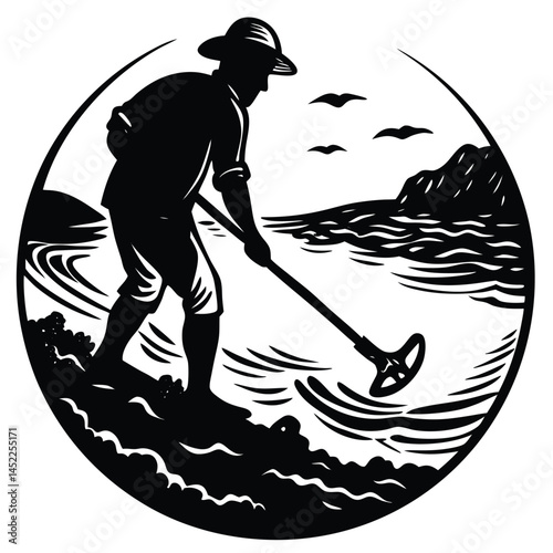 Silhouette of Clammer Digging for Clams on Beach Coastal Scene Vector Illustration