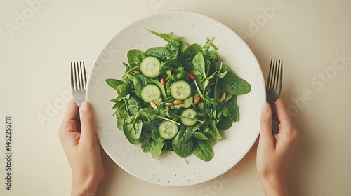 Overhead photo of a minimalist white plate with a green salad of spinach, cucumbers, and almonds, resting on a light beige backdrop, hands gently holding matte cutlery, photo