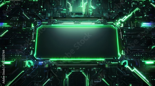 Abstract circuit board pattern with futuristic glowing frame, empty center mockup background wallpaper AI generated image