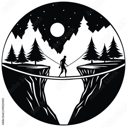 Silhouette Illustration: Man Crossing Rope Bridge at Night, Mountain Landscape