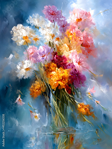 Vibrant Floral Arrangement with Colorful Blooms Against a Soft Blue Background in Abstract Style