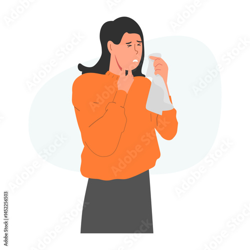 Woman feeling unwell, symptom cough and flu, throat itchy, nauseated, fever. Female wear coat for chills. Vector illustration on a white background.