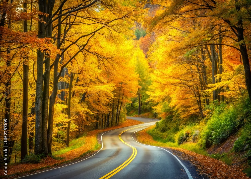 Obraz premium Autumn Road, Yellow-Green Trees, Fall Foliage, Country Lane, Scenic Drive