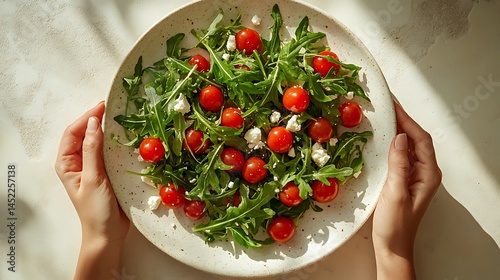 Top-down view of a white ceramic plate filled with fresh arugula, cherry tomatoes, and feta, placed on a smooth neutral beige background, two hands elegantly holding silver cutlery, photo