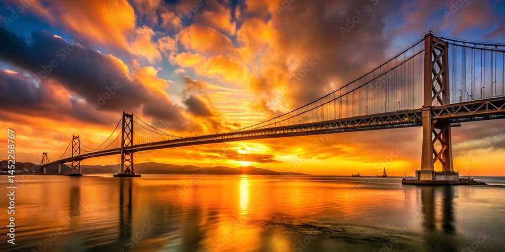 Obraz premium Bay Bridge Sunset: Golden Hour Over San Francisco Bay