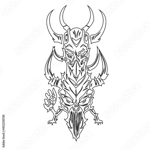 Abstract surrealistic horned creature, detailed linework evokes eerie and disturbing dreamscape