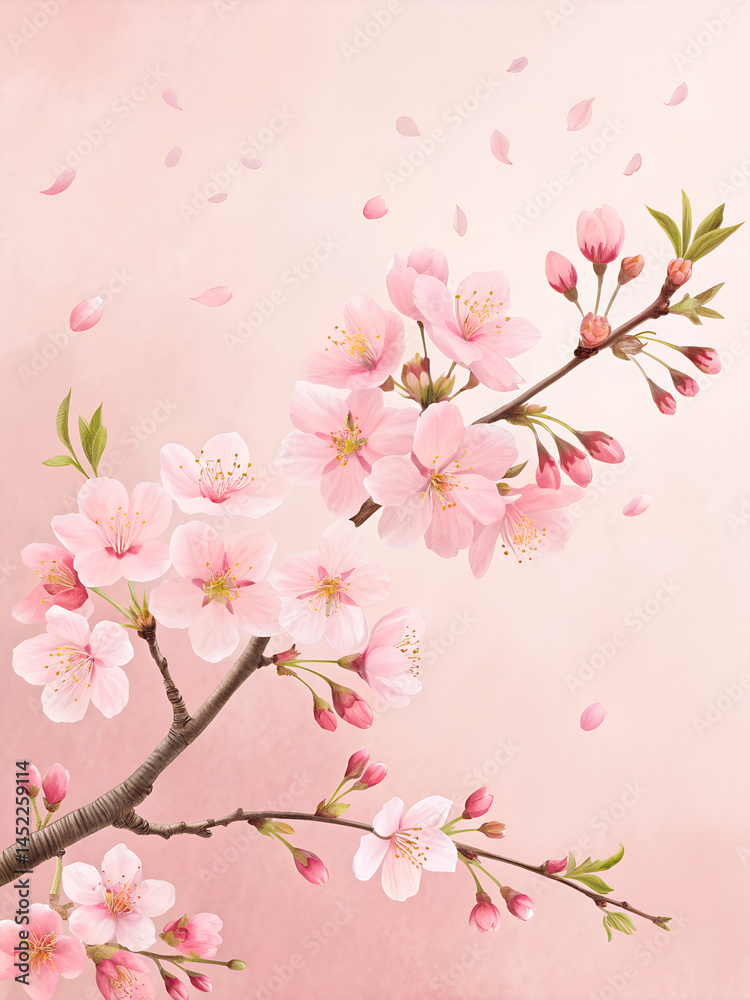 Fototapeta premium Spring border background with beautiful pink flowering branch. Pastel pink background, bloom delicate flowers. Springtime concept. Beautiful fresh cherry blossom branch on pink background. 