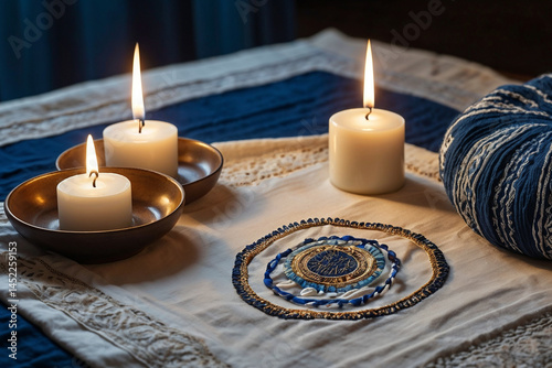 digital painting of a traditional Jewish menorah with all eight candles lit, flames glowing brightly photo