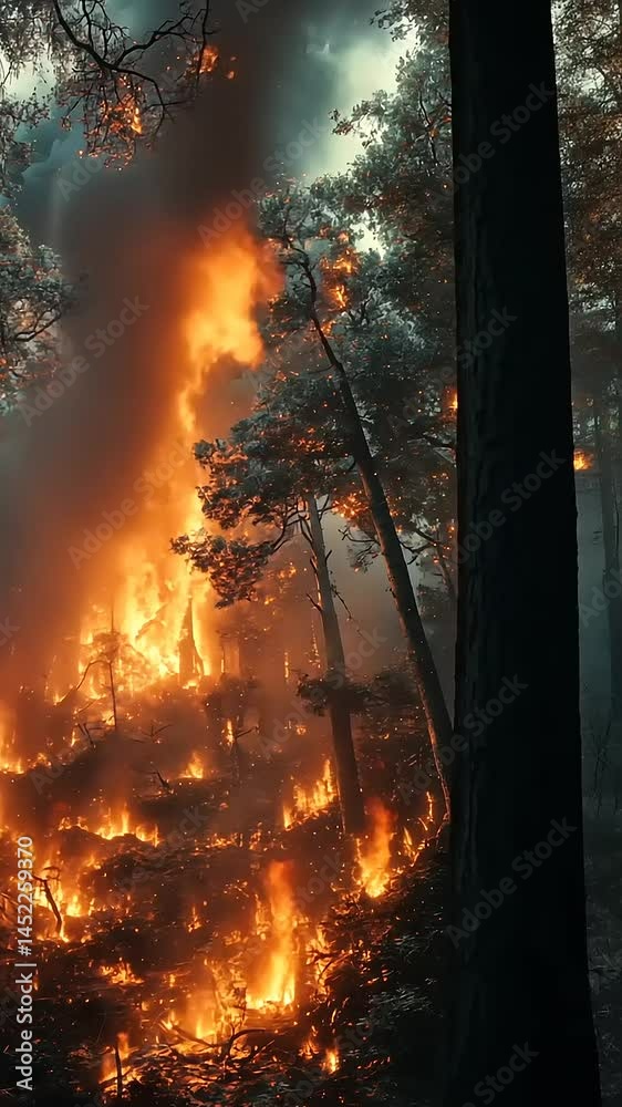 Intense forest fire engulfing trees in smoky landscape