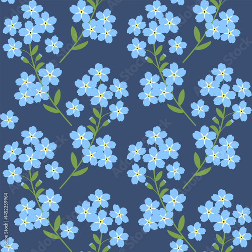 Forget-me-not isolated on a blue background. Seamless pattern under clipping mask, convenient for editing. Floral background for paper, cover, textile, gift wrap, wallpaper.