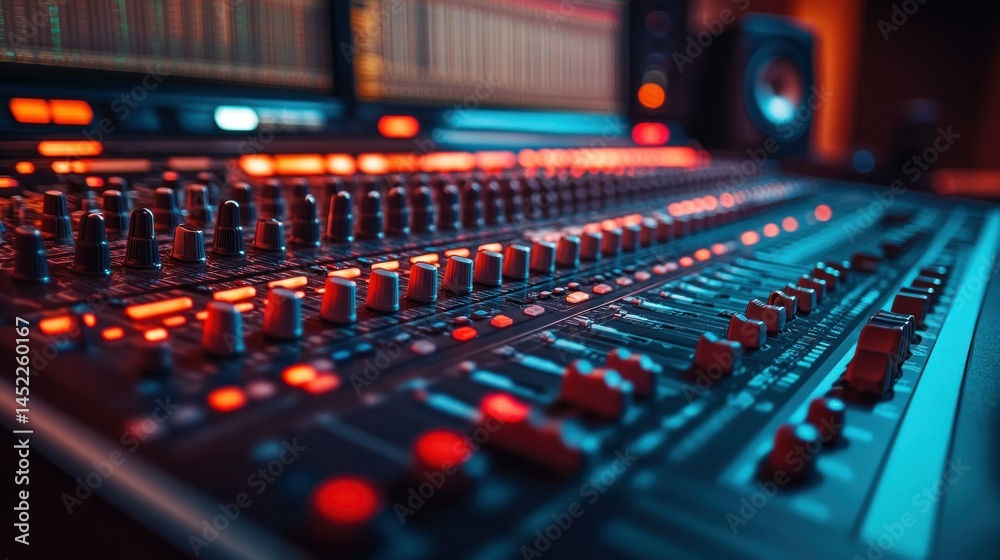 Professional audio mixing console in a recording studio. Close-up view of knobs, faders, and lights on a sound mixing board Professional audio mixing console in a recording studio. Close-up view of knobs, faders, and lights on a sound mixing board