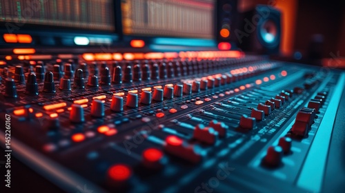 Professional audio mixing console in a recording studio.  Close-up view of knobs, faders, and lights on a sound mixing board