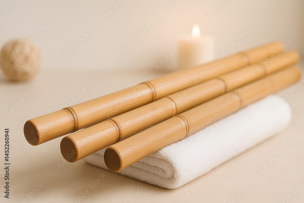 Fototapeta premium Smooth Bamboo Sticks on Rolled Towel with Candle and Spa Ambiance