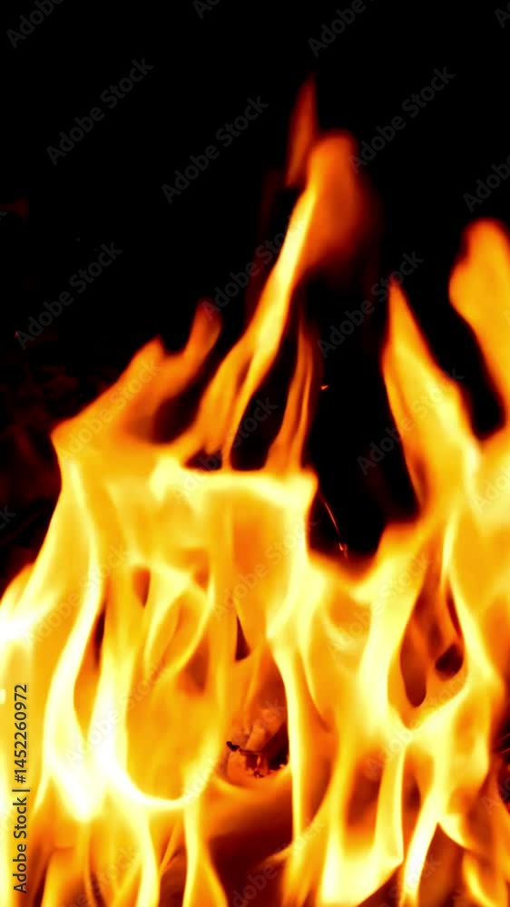 Beautiful dancing fire, vertical video the surface is ablaze. Lots of fire. Close-up immersion in the flames. The camera passes through the fire. Burning tongues of flame on a black backdrop Beautiful dancing fire, vertical video the surface is ablaze. Lots of fire. Close-up immersion in the flames. The camera passes through the fire. Burning tongues of flame on a black backdrop