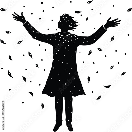 Silhouette of Woman Embracing Falling Leaves, Black and White Illustration Art